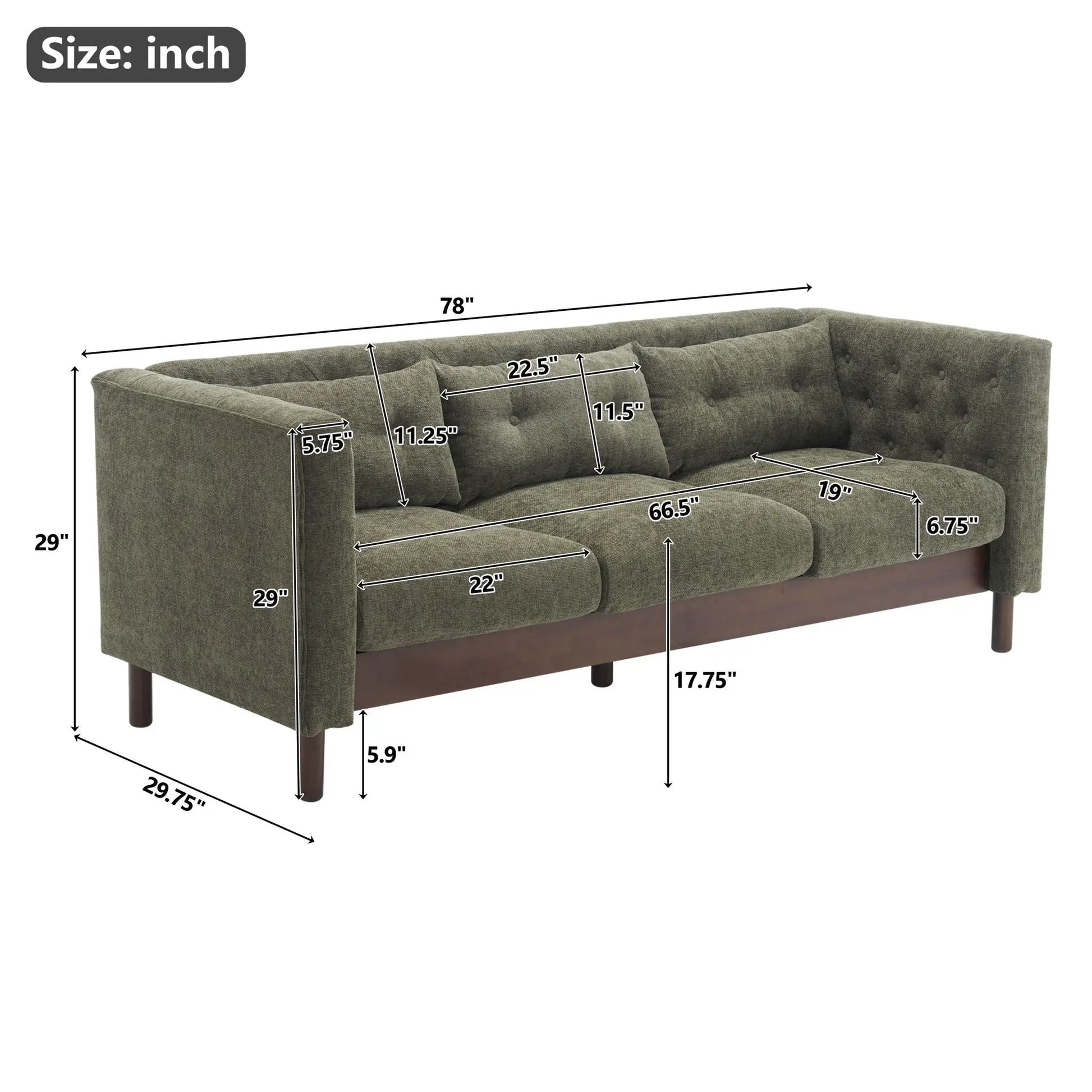 Upholstered 3-seat sofa with tufted cushions in olive fabric by Unique Piece Furniture on Tampa Home & Garden Store