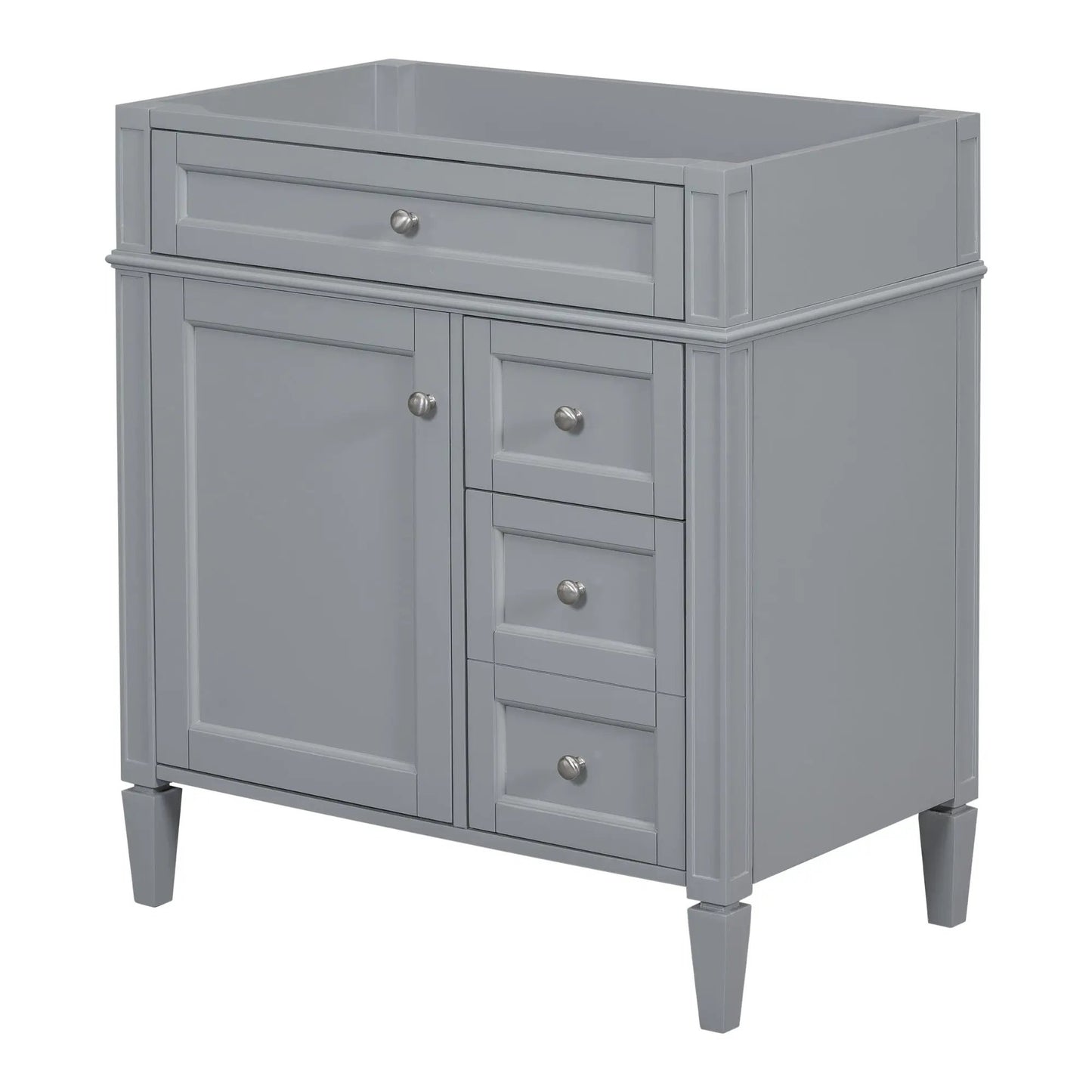 Bathroom vanity base with gray finish, 2 drawers and tip-out drawer, cabinet storage on Tampa Home & Garden Store