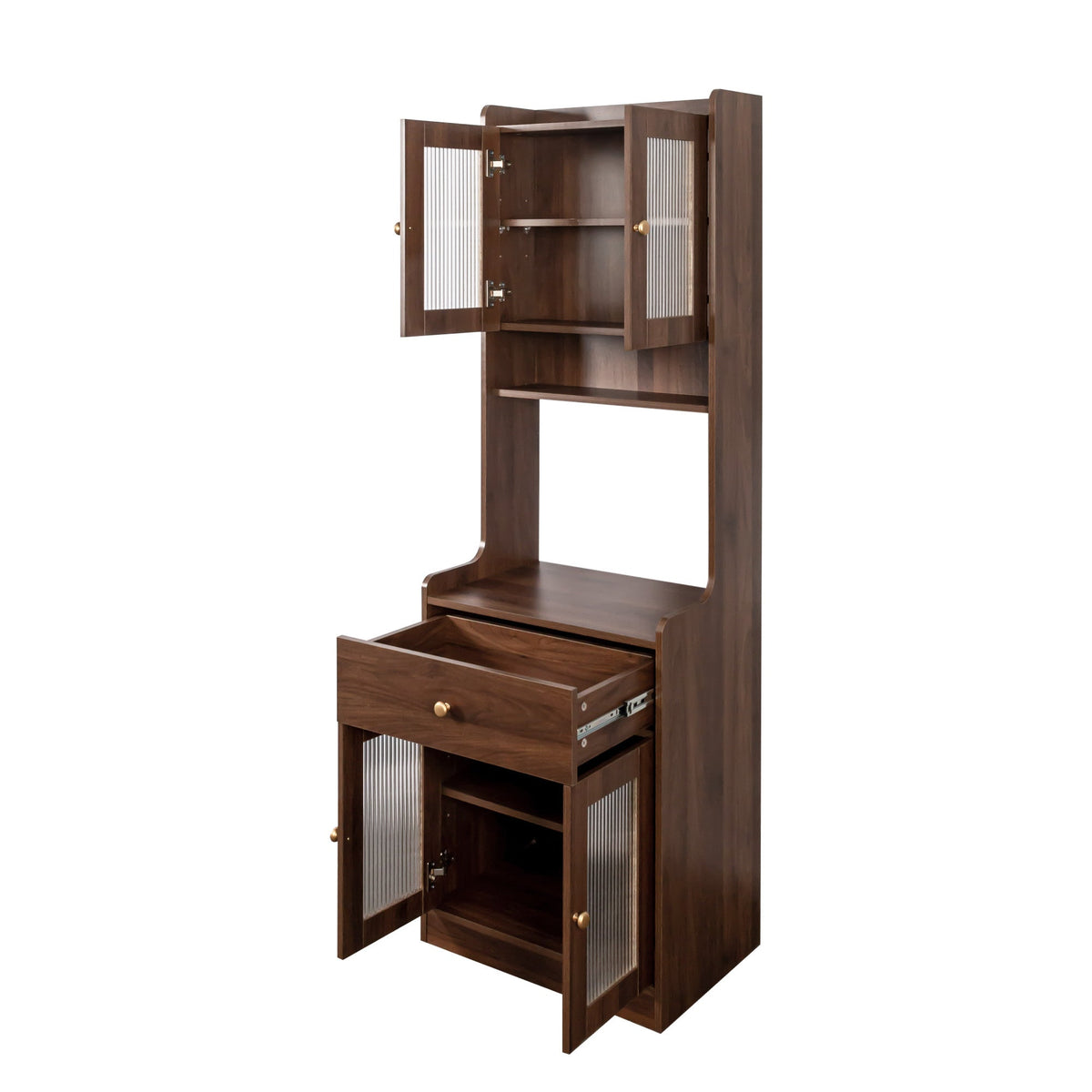 Kitchen pantry hutch storage cabinet in dark wood with ribbed glass panel doors on Tampa Home & Garden Store