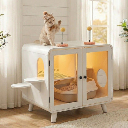 Cat hidden litter box enclosure with RGB LED light, white cabinet with warm glow, cat on top on Tampa Home & Garden Store