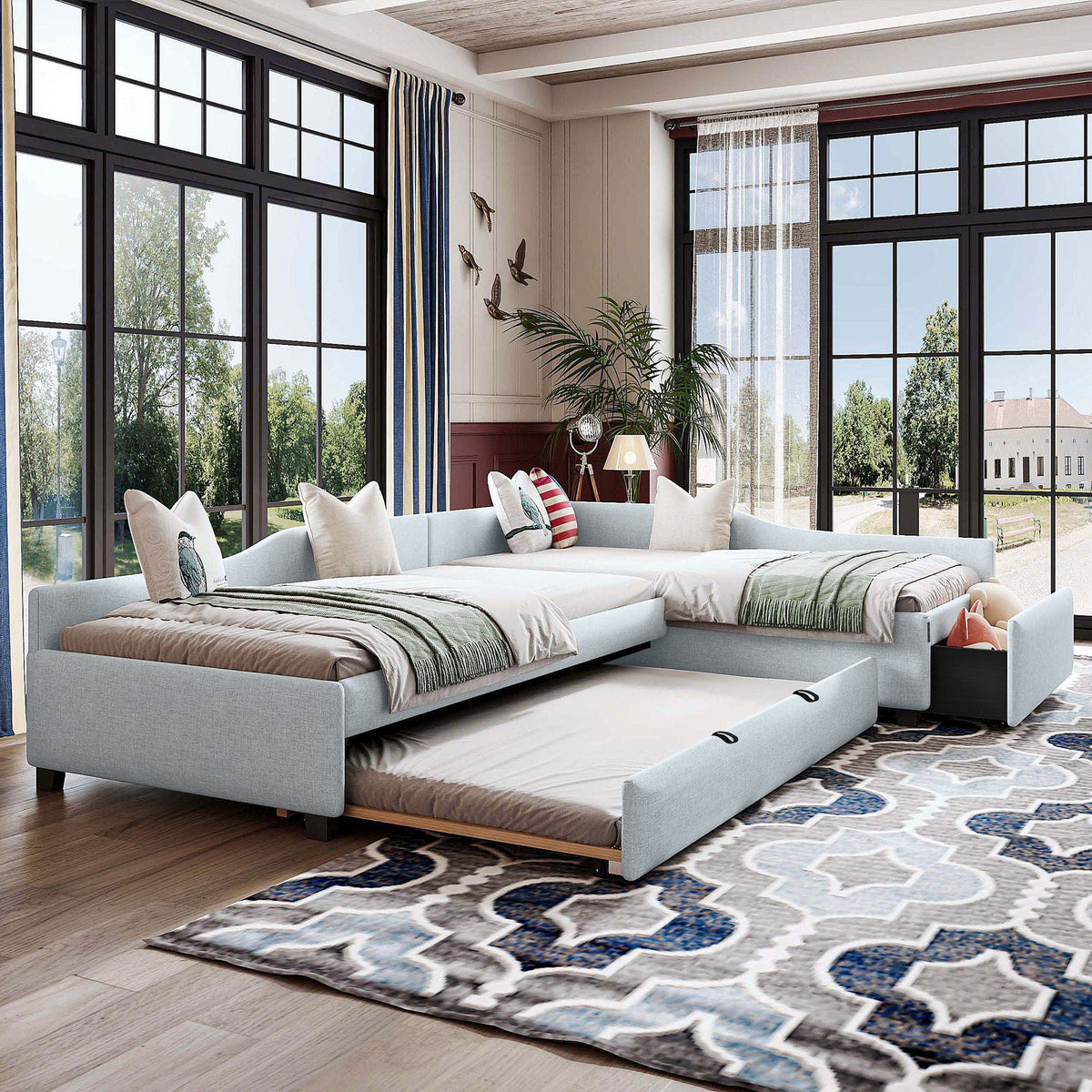 Upholstered double daybed with trundle and drawer in pale blue fabric on Tampa Home & Garden Store