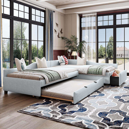 Upholstered double daybed with trundle and drawer in pale blue fabric on Tampa Home & Garden Store