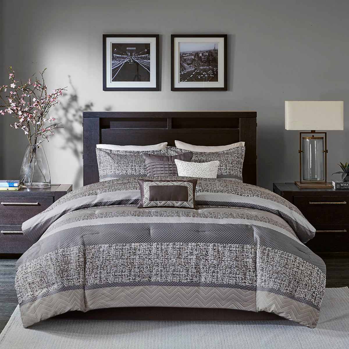 7 Piece Jacquard Comforter Set for Grey and Taupe