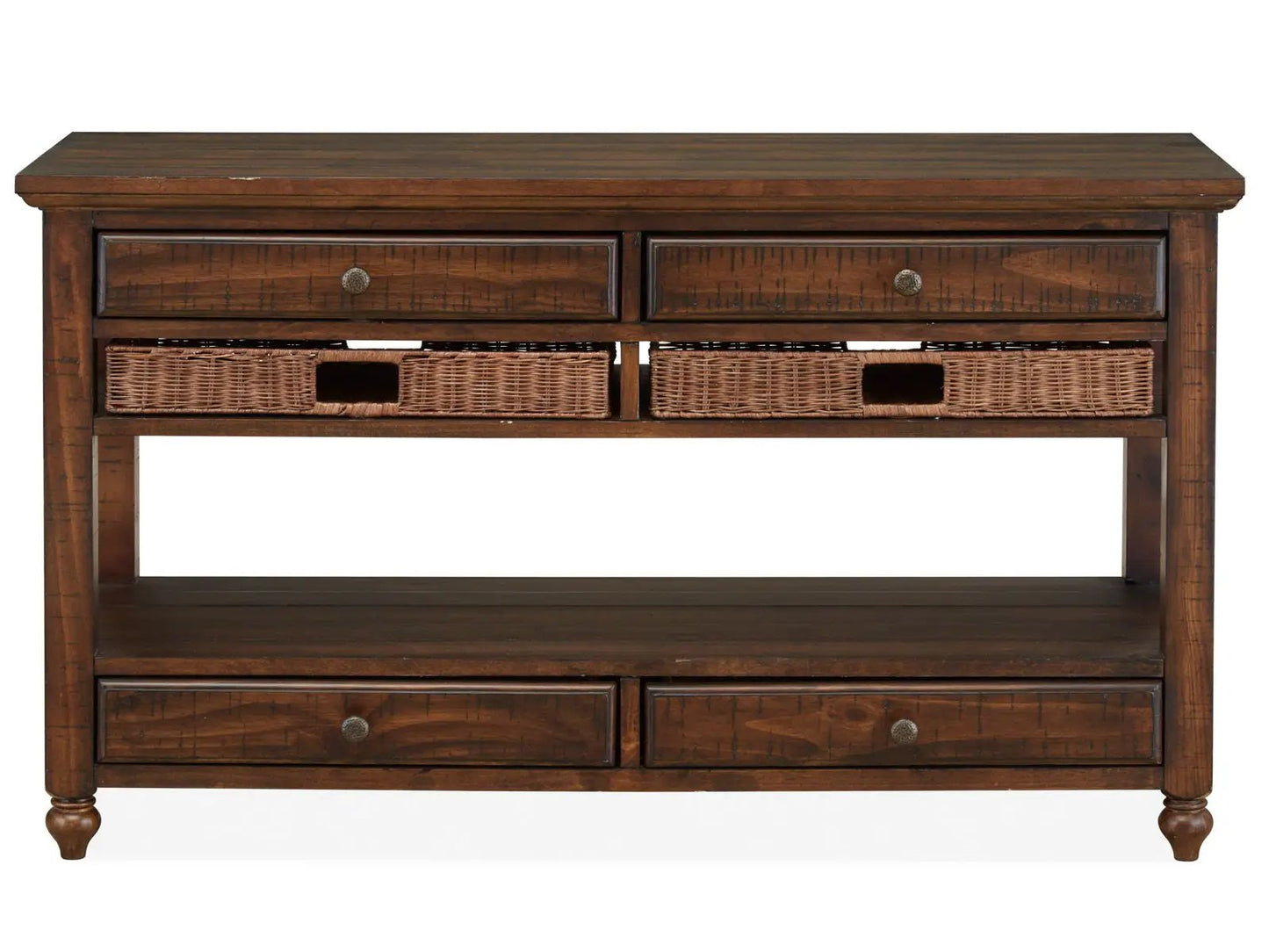 Cottage Lane wood sofa table with coffee finish, two top drawers and two wicker baskets on Tampa Home & Garden Store