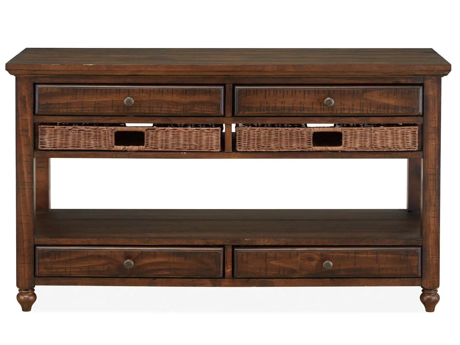 Cottage Lane wood sofa table with coffee finish, two top drawers and two wicker baskets on Tampa Home & Garden Store