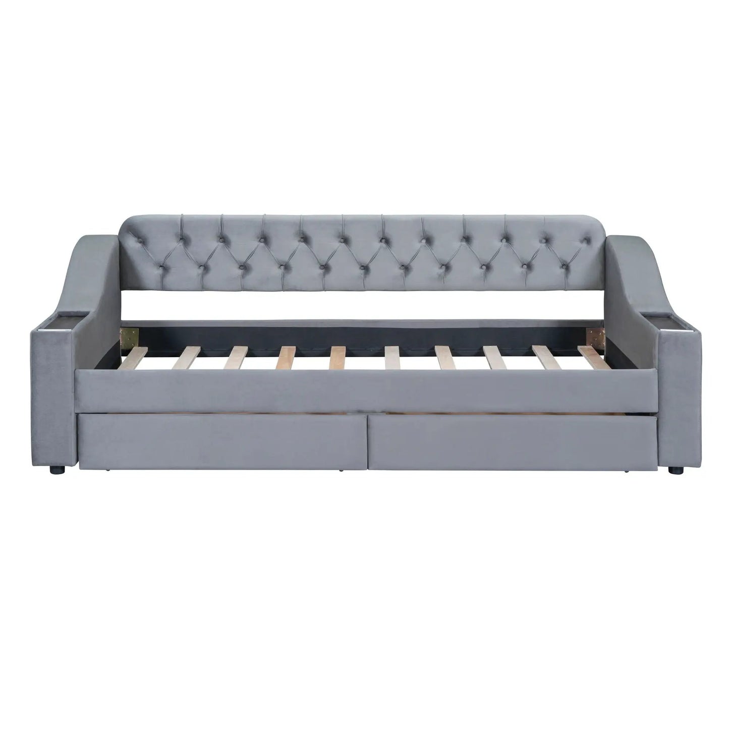 Upholstered gray daybed with tufted back and arms, storage drawers underneath on Tampa Home & Garden Store
