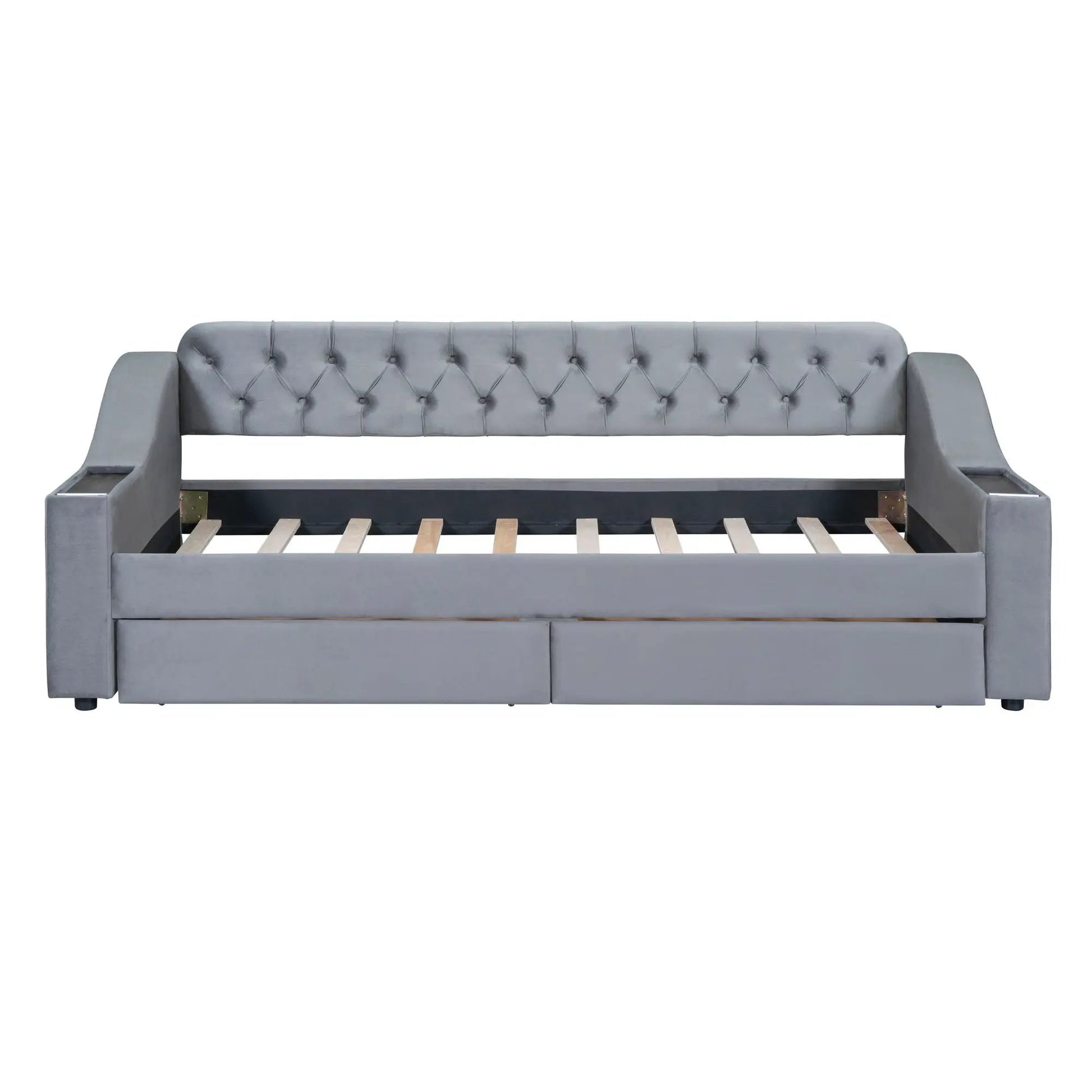 Upholstered gray daybed with tufted back and arms, storage drawers underneath on Tampa Home & Garden Store
