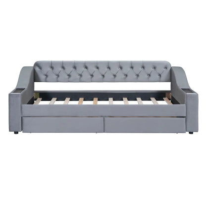 Upholstered gray daybed with tufted back and arms, storage drawers underneath on Tampa Home & Garden Store