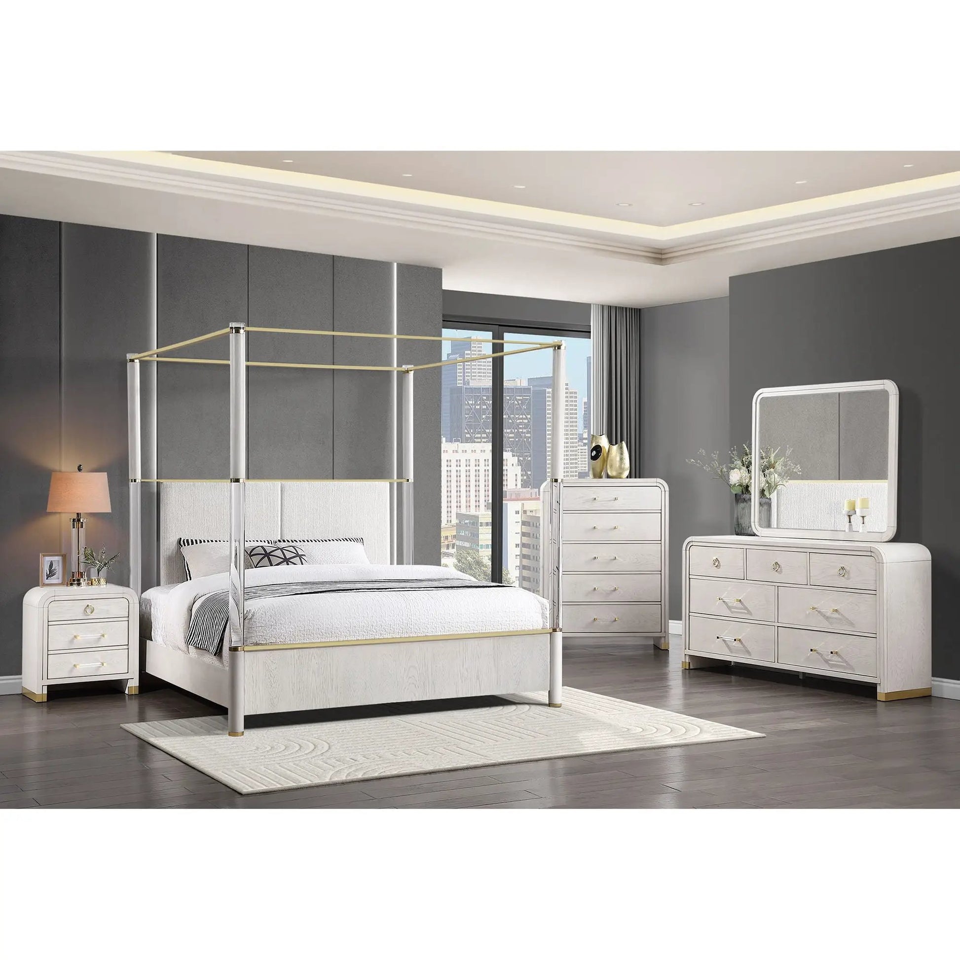 Malco 5 Piece Bedroom Set white finish bed with gold trim, two nightstands, dresser and mirror on Tampa Home & Garden Store