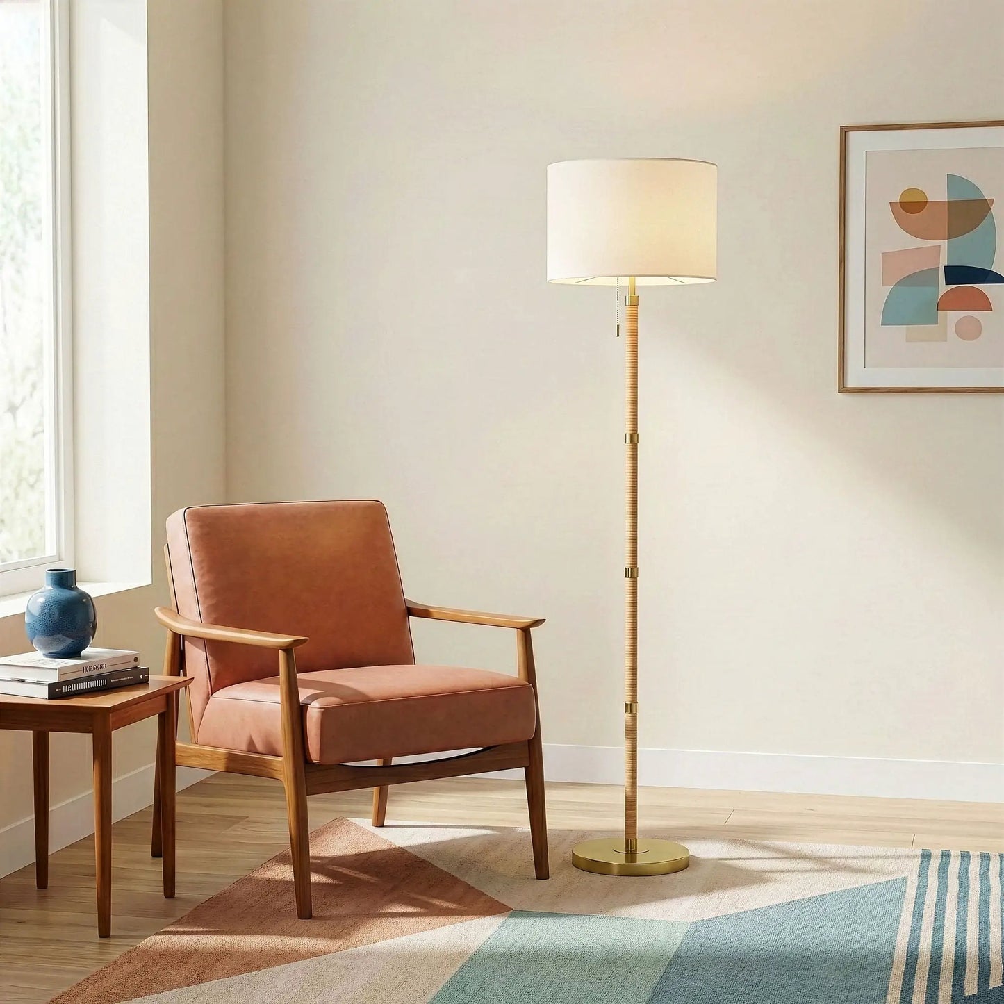 Stellar linen shade floor lamp with natural wood and rattan stem, gold accents, white shade on Tampa Home & Garden Store