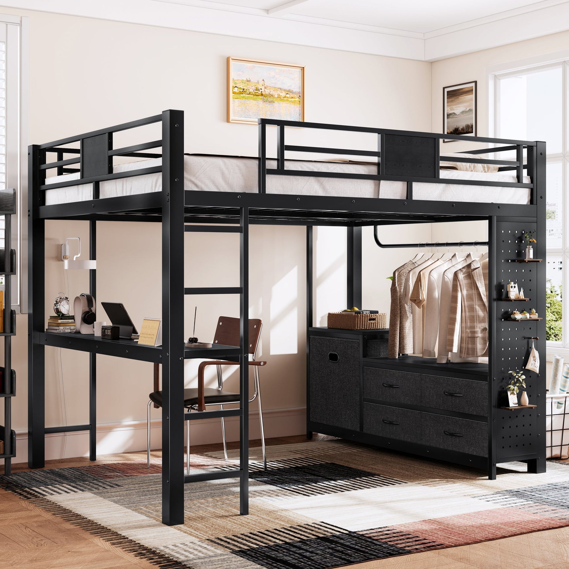 Queen Size Loft Bed with Desk & Shelves in black metal frame by HouseOfZazla on Tampa Home & Garden Store