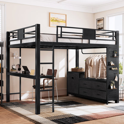 Queen Size Loft Bed with Desk & Shelves in black metal frame by HouseOfZazla on Tampa Home & Garden Store