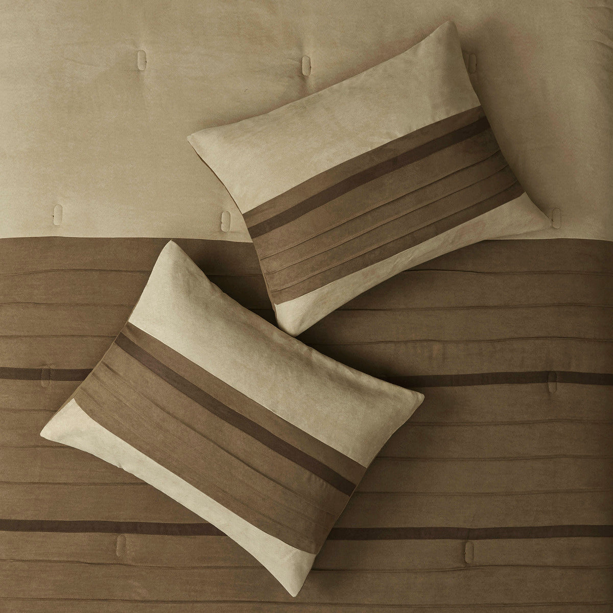 7 Piece Faux Suede Comforter Set Natural Queen with striped pillows on Tampa Home & Garden Store