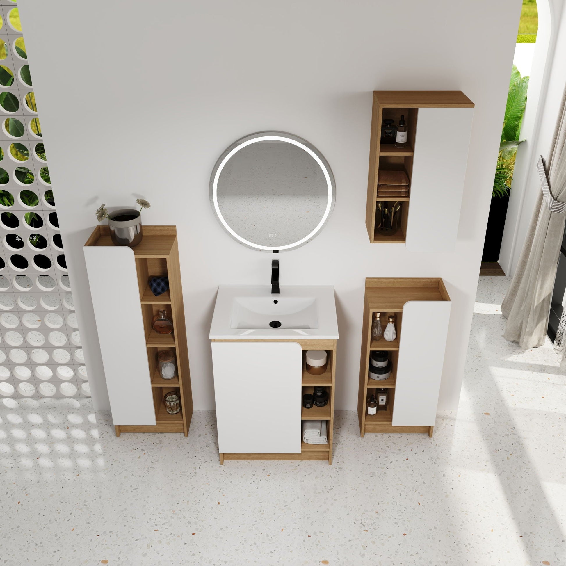 4 piece bathroom vanity set with sink white and light oak storage cabinets black faucet on Tampa Home & Garden Store