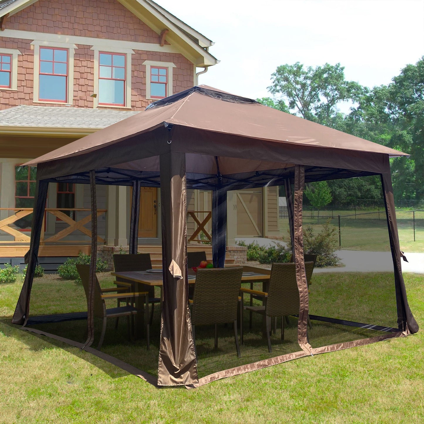 Outdoor pop up gazebo canopy brown 2-tier soft top with removable zipper netting by HouseOfZazla on Tampa Home & Garden Store