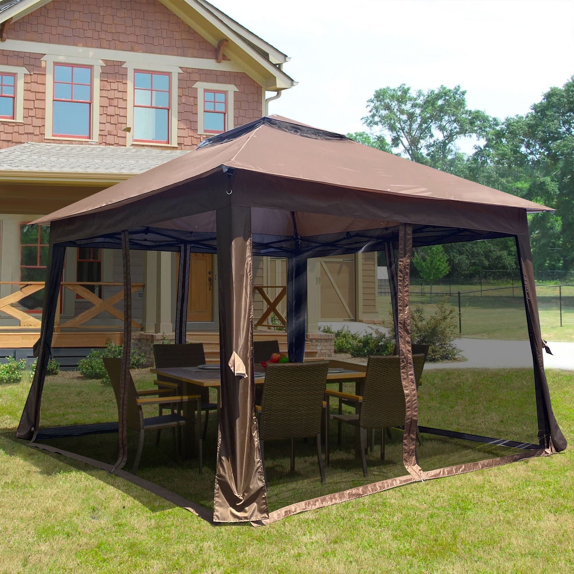 Outdoor pop up gazebo canopy brown 2-tier soft top with removable zipper netting by HouseOfZazla on Tampa Home & Garden Store