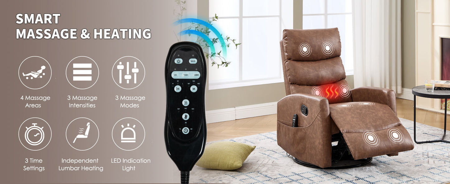 Heat massage manual recliner chair with rocker and swivel in brown leather by HouseOfZazla on Tampa Home & Garden Store