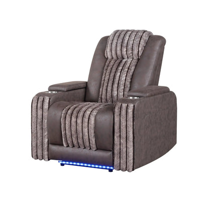 Duran power recliner with headrest in brown faux leather; fur-textured back and blue LED base on Tampa Home & Garden Store