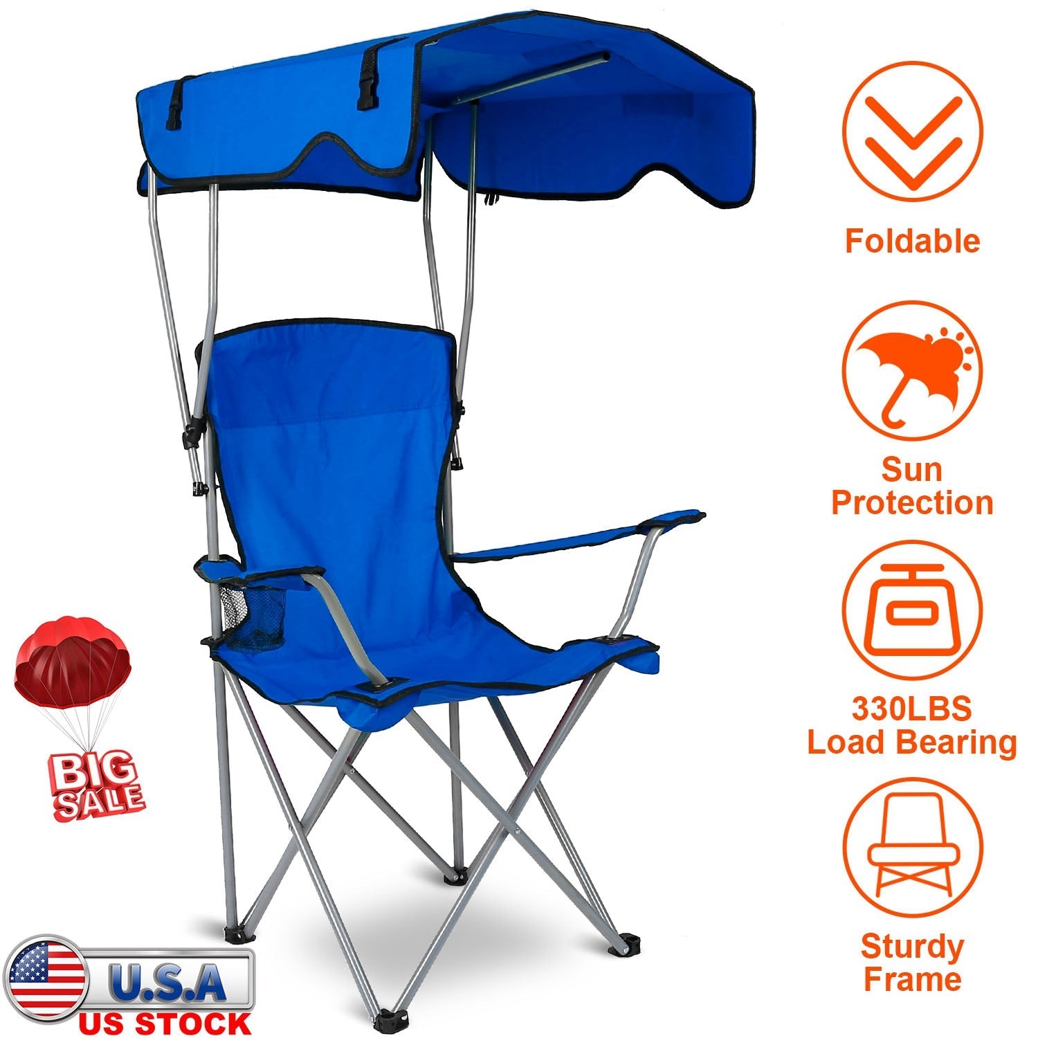 Foldable GemGear blue beach canopy chair with cup holder and sturdy frame on Tampa Home & Garden Store