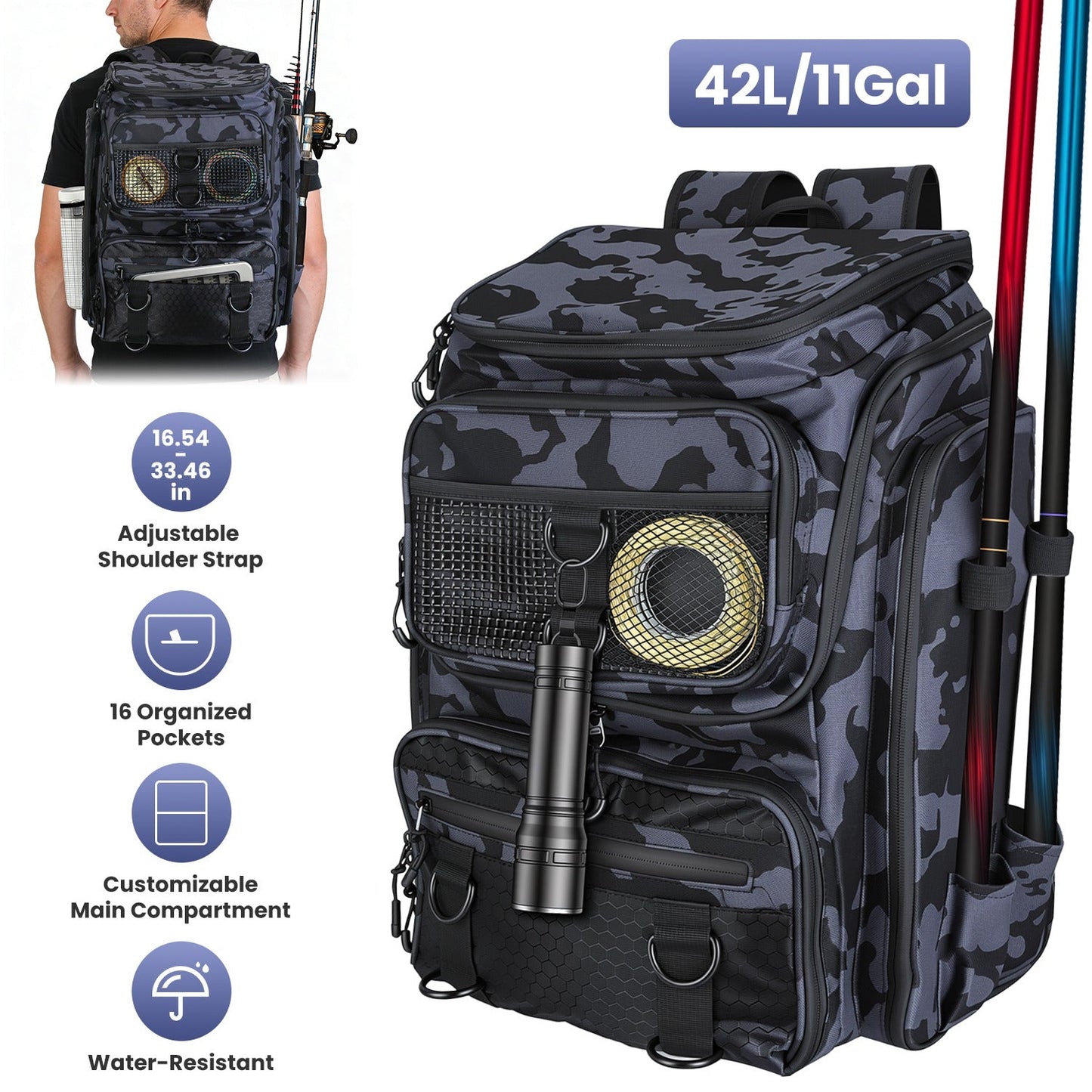 GemGear 42L/11Gal camouflage fishing backpack with rod holders and 16 pockets water resistant on Tampa Home & Garden Store