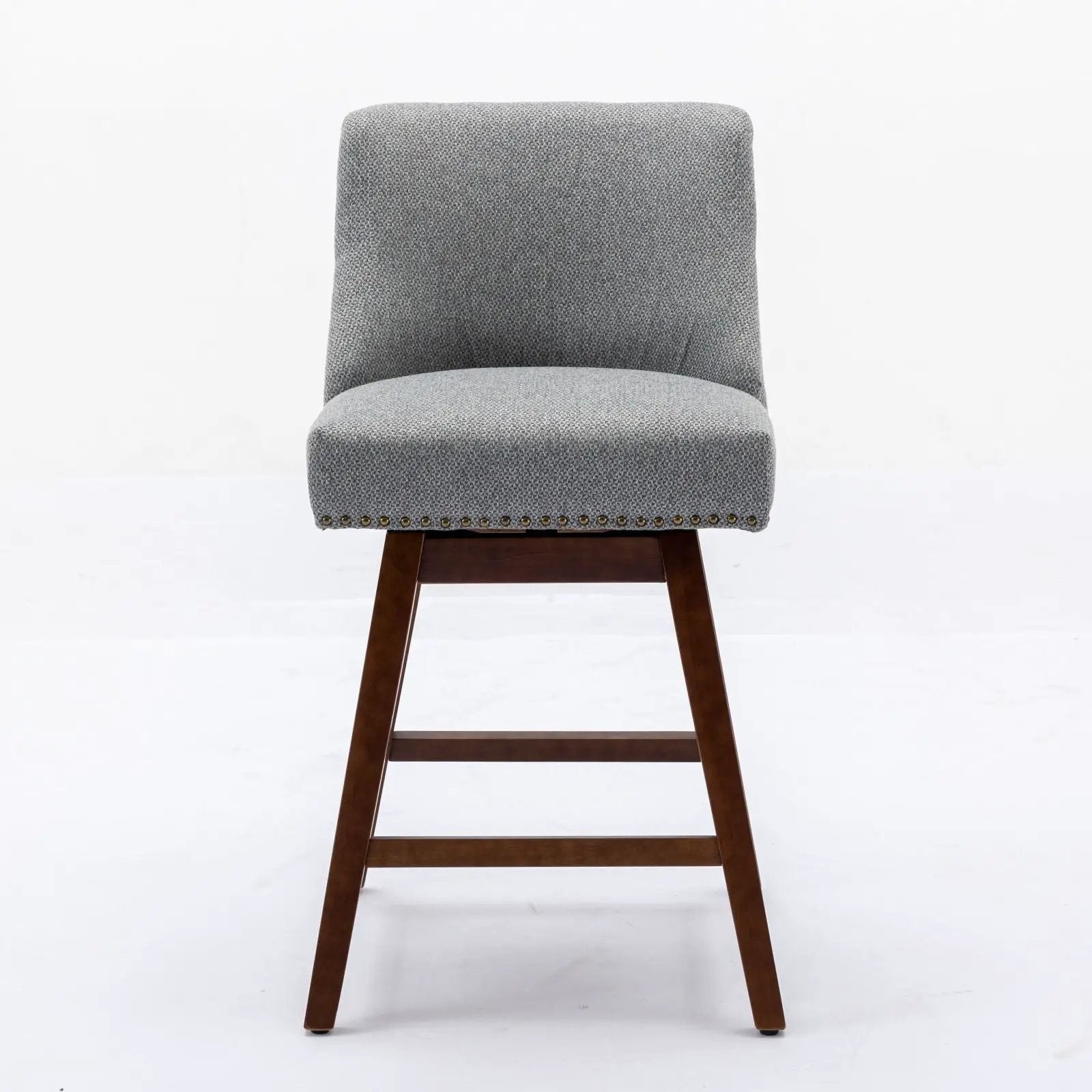 Counter-height swivel barstool gray fabric upholstery with nailhead trim and dark wood legs on Tampa Home & Garden Store