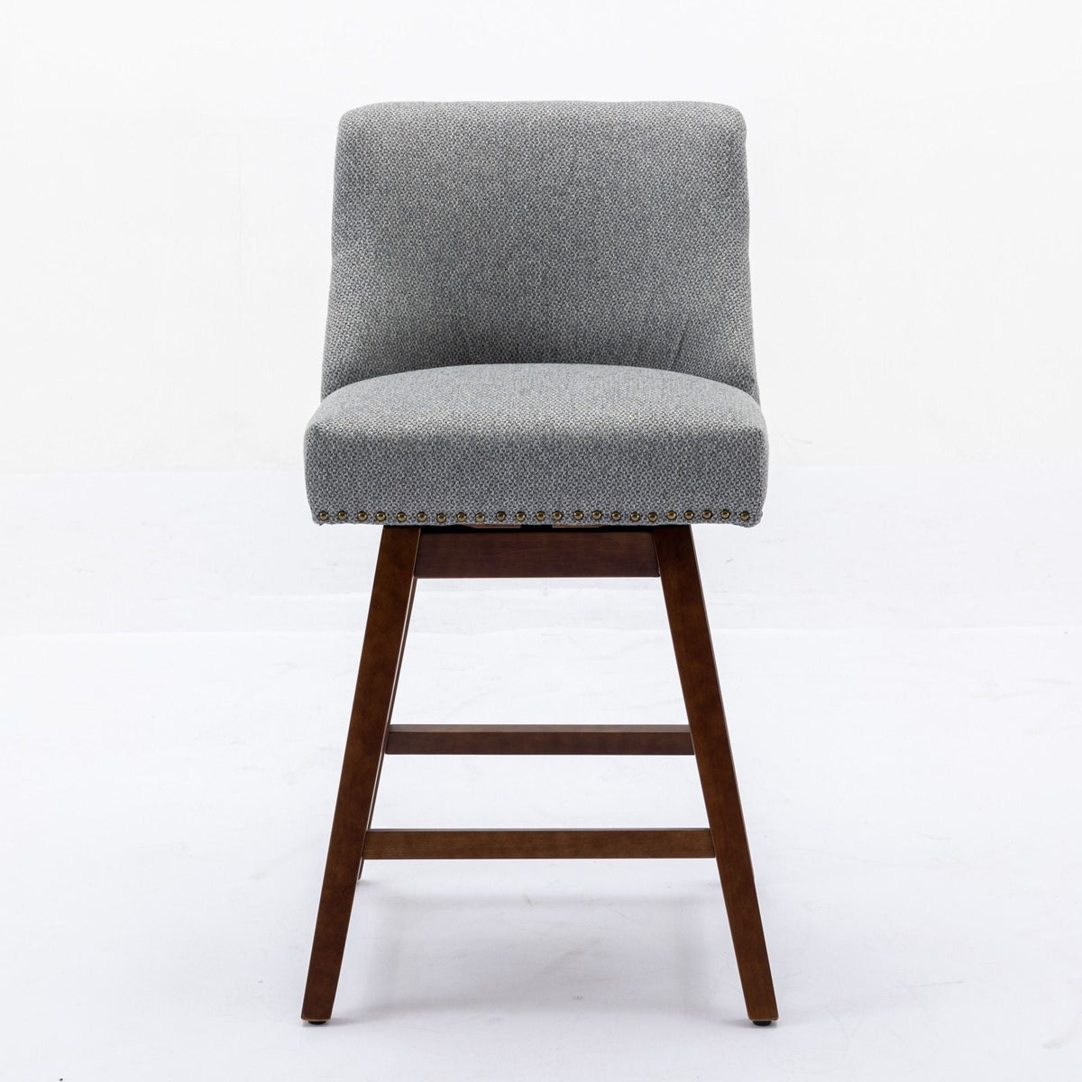 Counter height swivel barstool by HouseOfZazla in grey fabric with nailhead trim and legs on Tampa Home & Garden Store