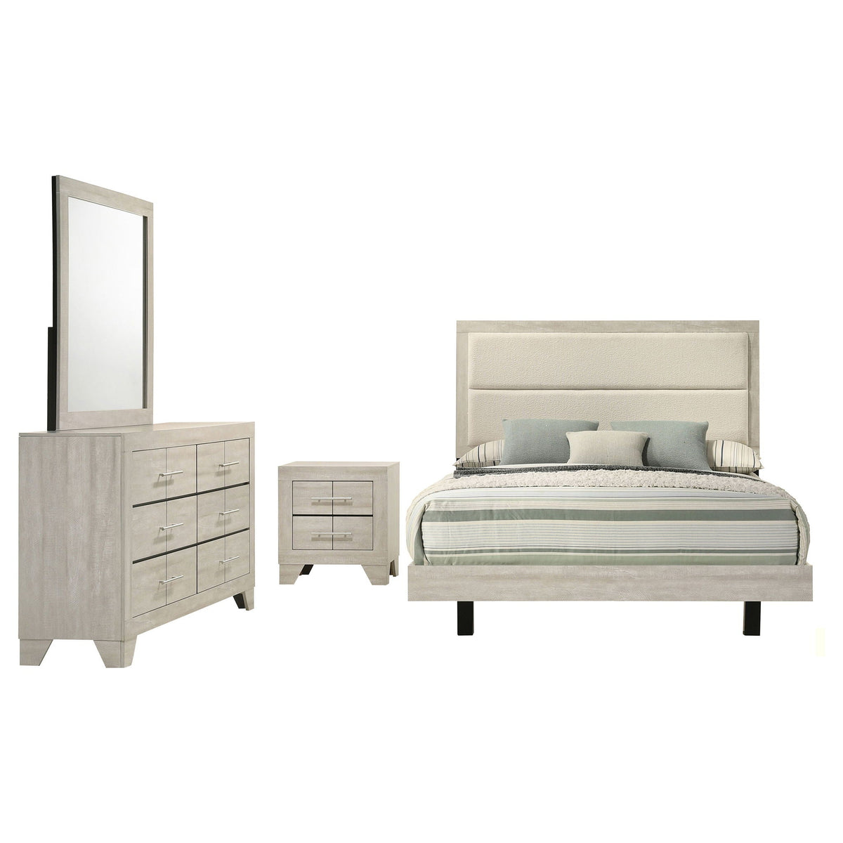 Strout 4pc Queen bedroom set with upholstered headboard in rustic gray finish on Tampa Home & Garden Store
