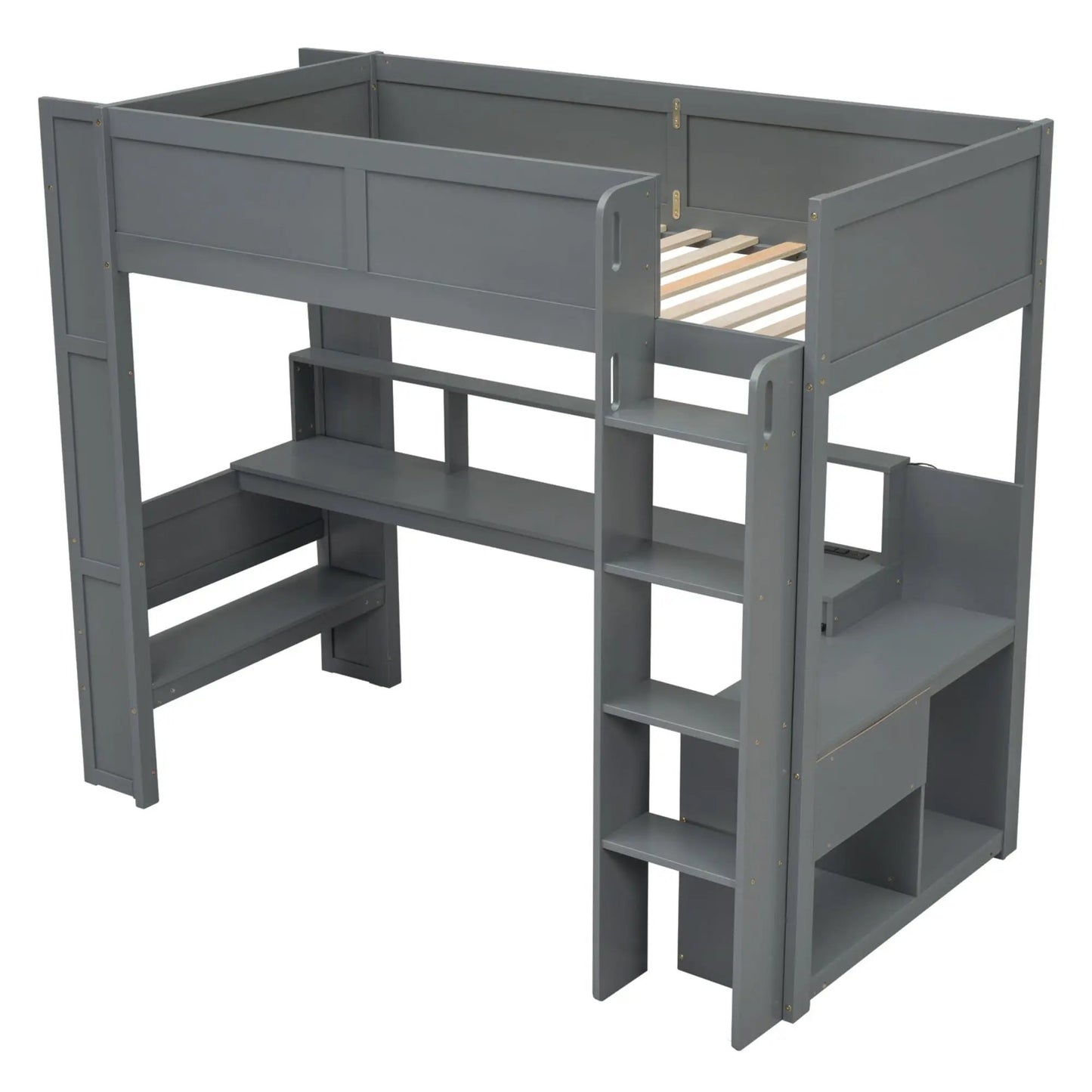 Gaming Loft Bed with Desk and Storage, gray finish, sturdy frame, built-in shelves and ladder on Tampa Home & Garden Store