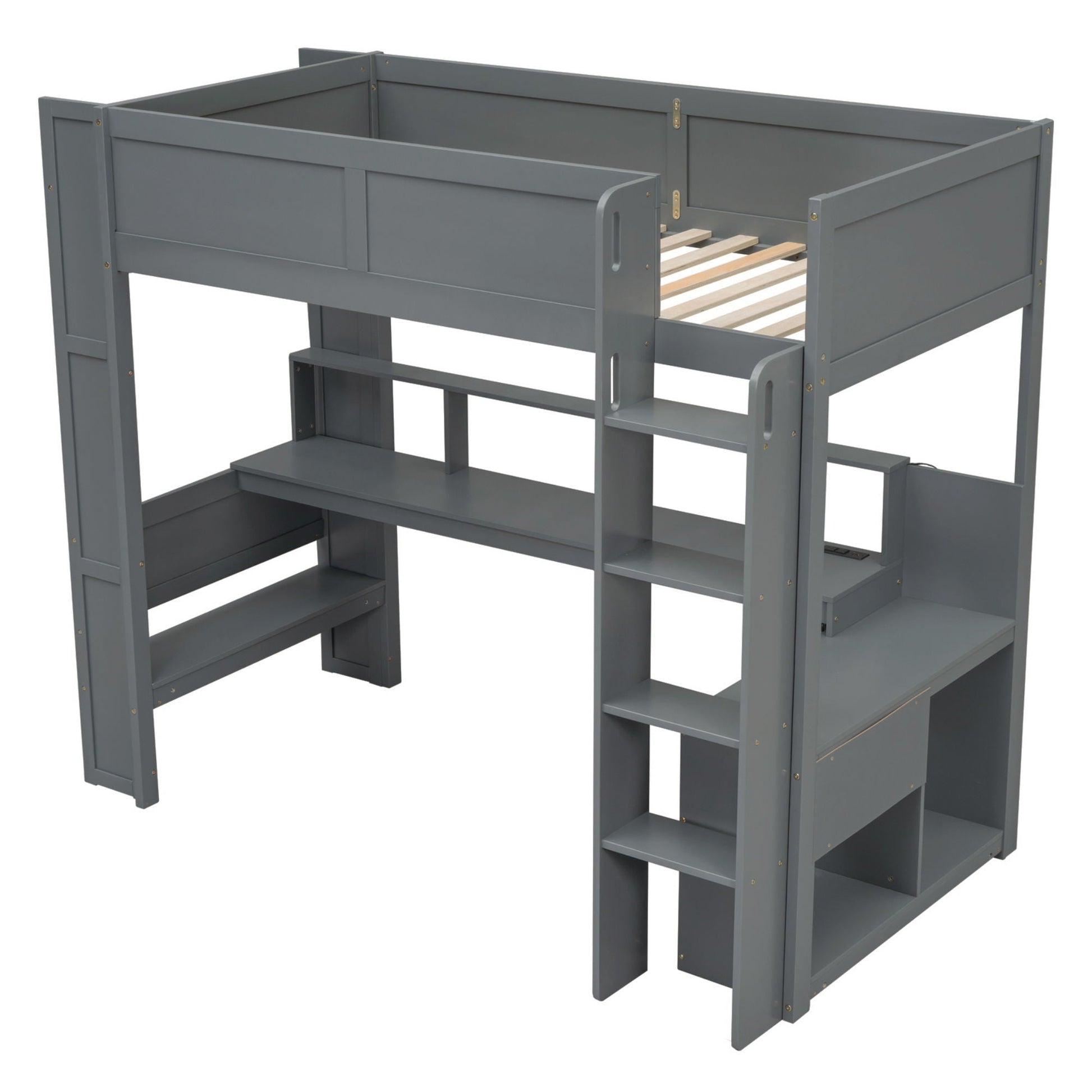 Gaming loft bed with desk and multiple storage shelves in gray finish on Tampa Home & Garden Store