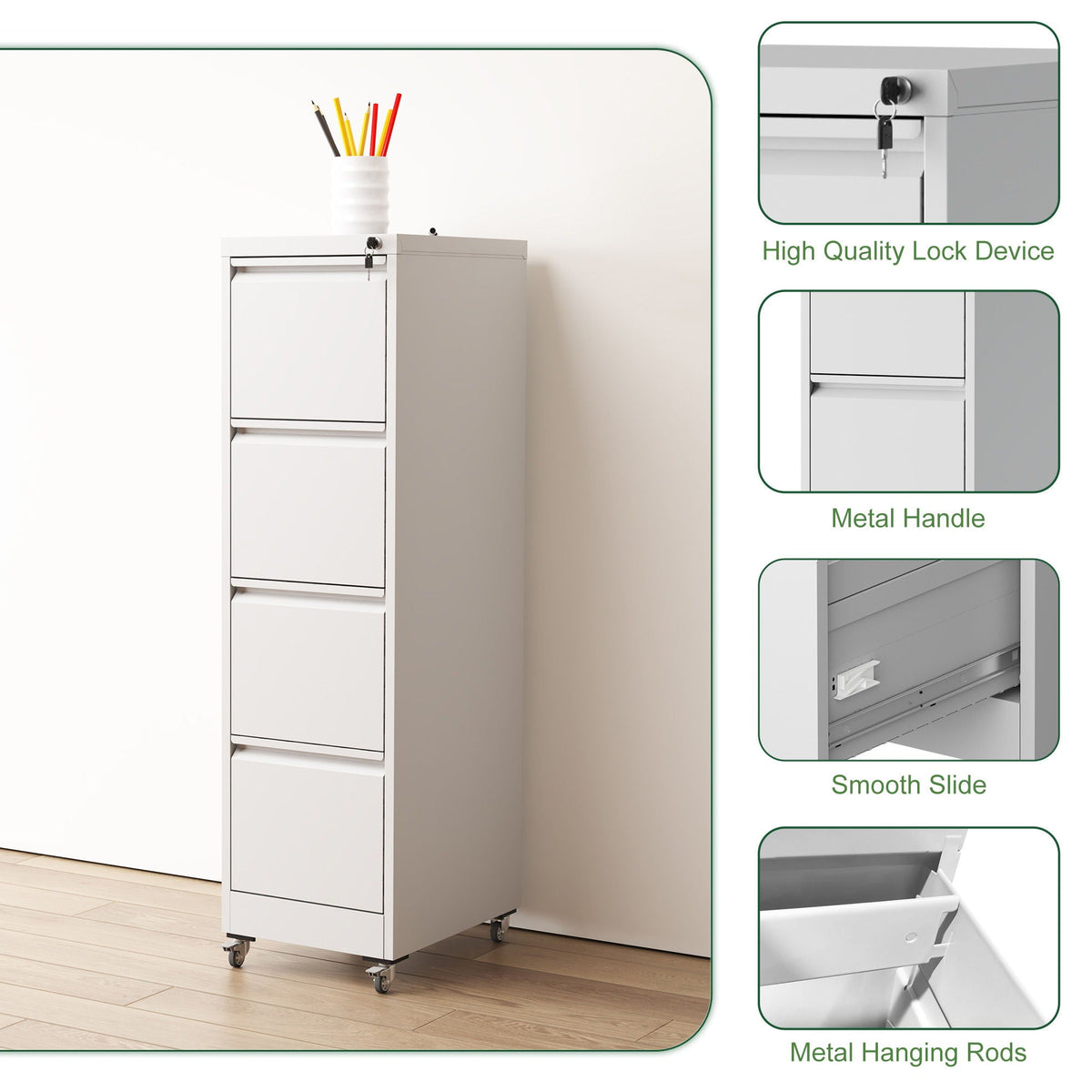 Metal vertical file cabinet with locking drawers and wheels in white on Tampa Home & Garden Store