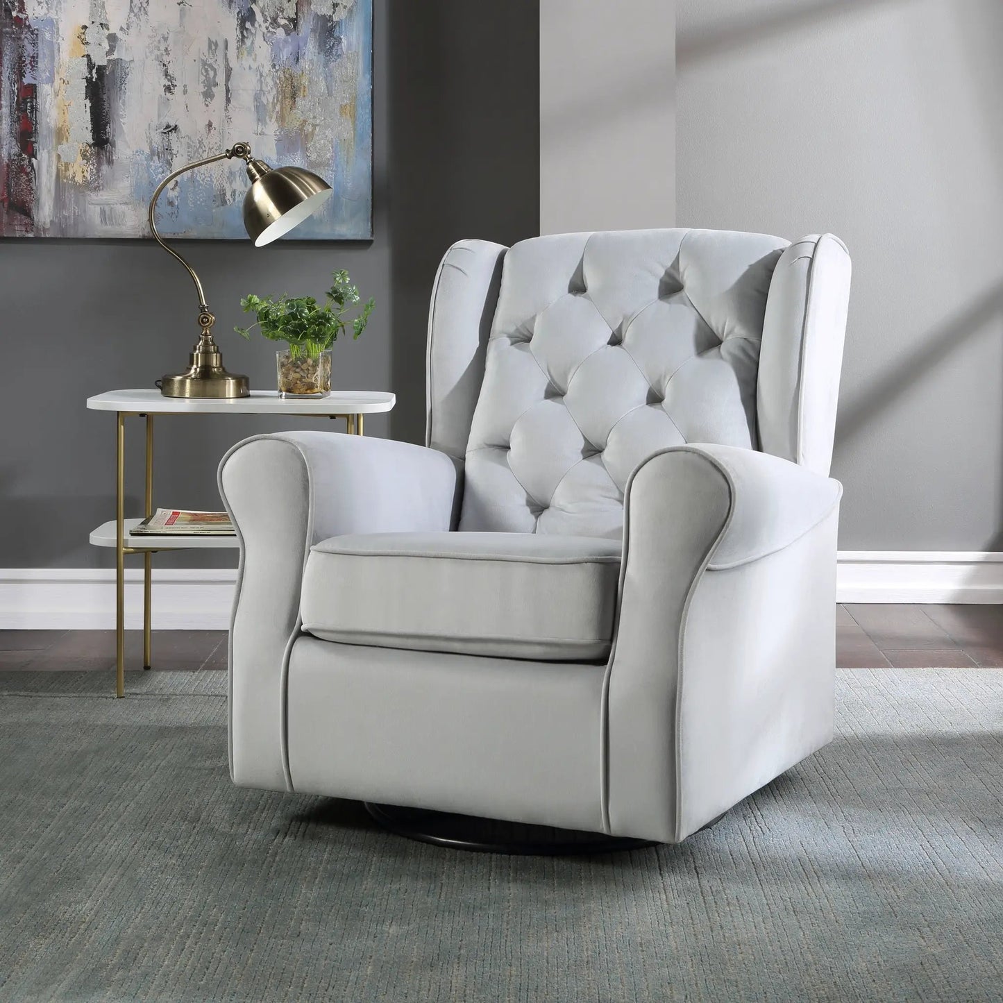 Glider Chair with Swivel Gray Fabric Upholstery
