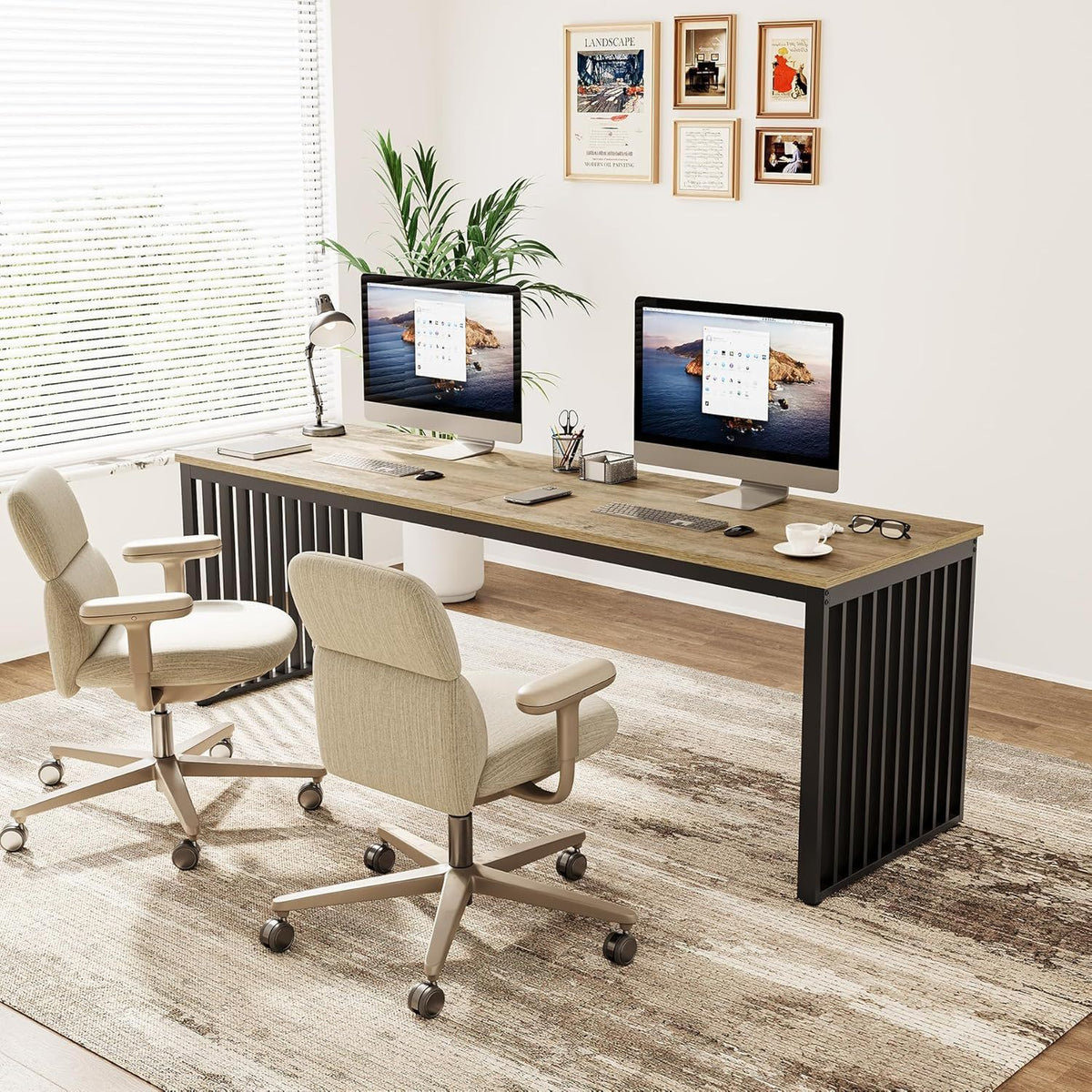 HouseOfZazla double desk for 2 with extra long workstation, light brown wood top and black legs on Tampa Home & Garden Store