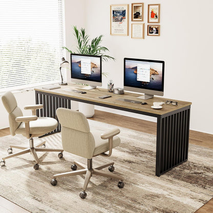 HouseOfZazla double desk for 2 with extra long workstation, light brown wood top and black legs on Tampa Home & Garden Store