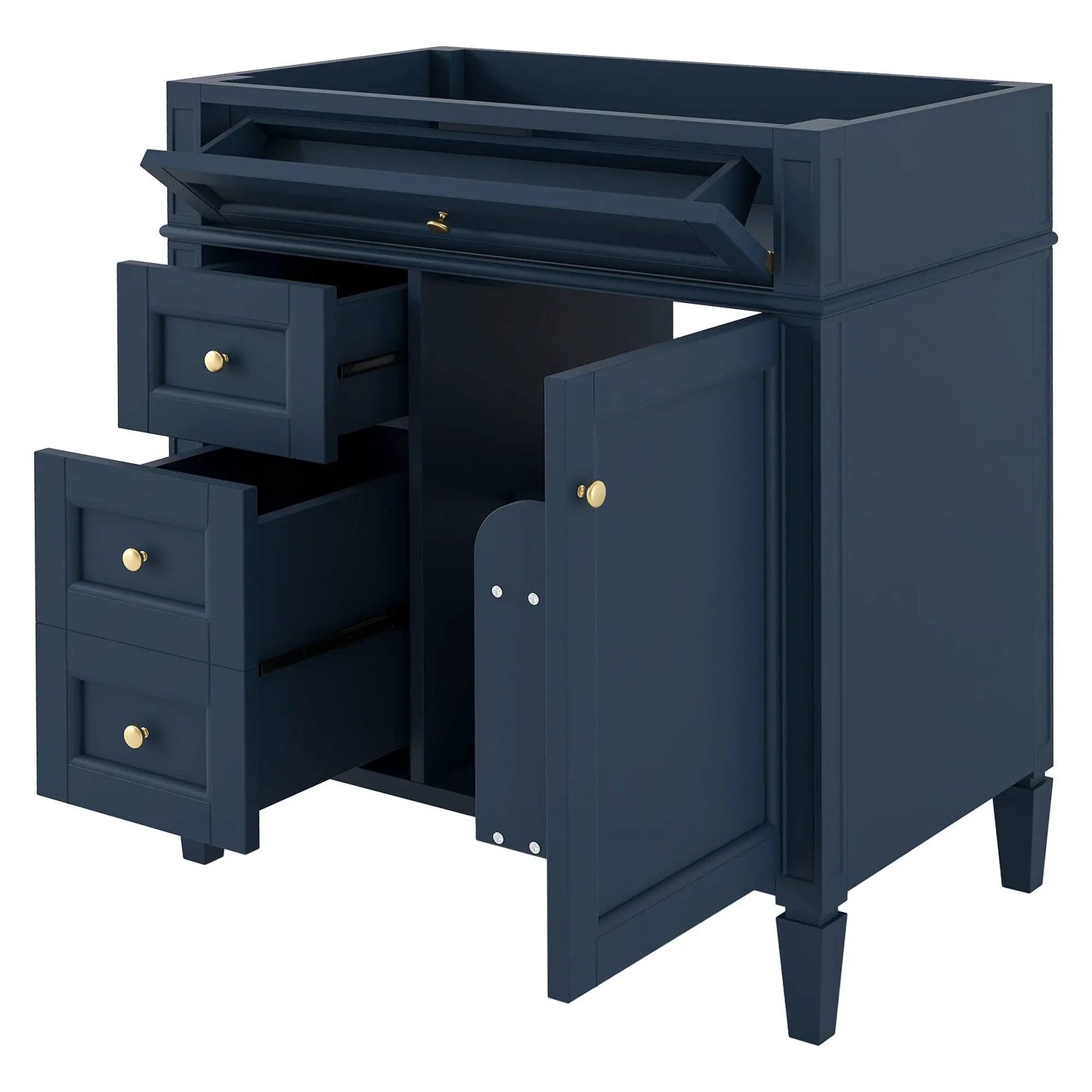 Bathroom vanity base navy blue with 2 drawers, tip-out drawer, and storage cabinet, gold knobs on Tampa Home & Garden Store