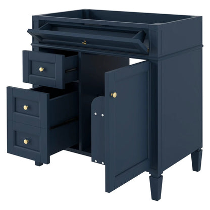 Bathroom vanity base navy blue with 2 drawers, tip-out drawer, and storage cabinet, gold knobs on Tampa Home & Garden Store