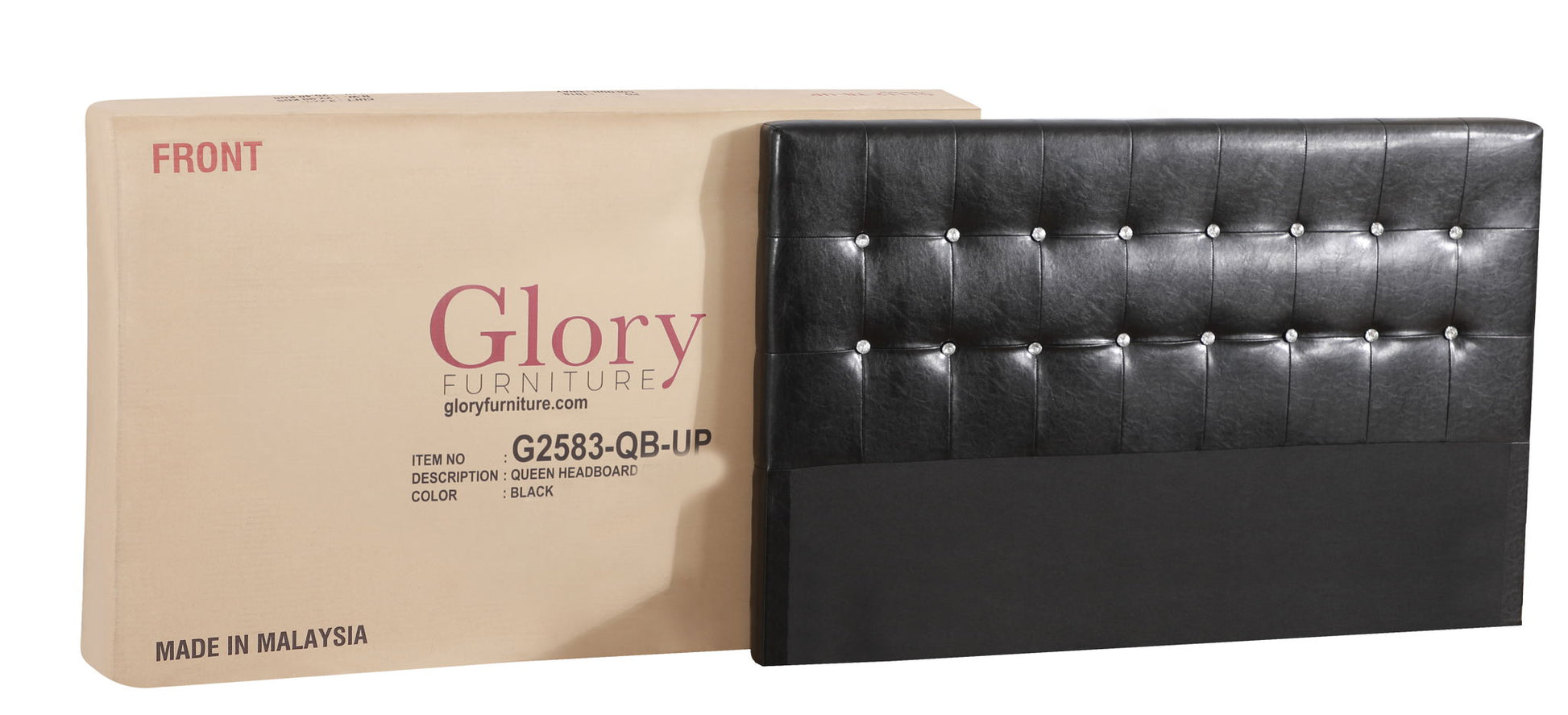 Stylish Transitional Bed headboard black faux leather tufted crystal buttons Glory Furniture on Tampa Home & Garden Store