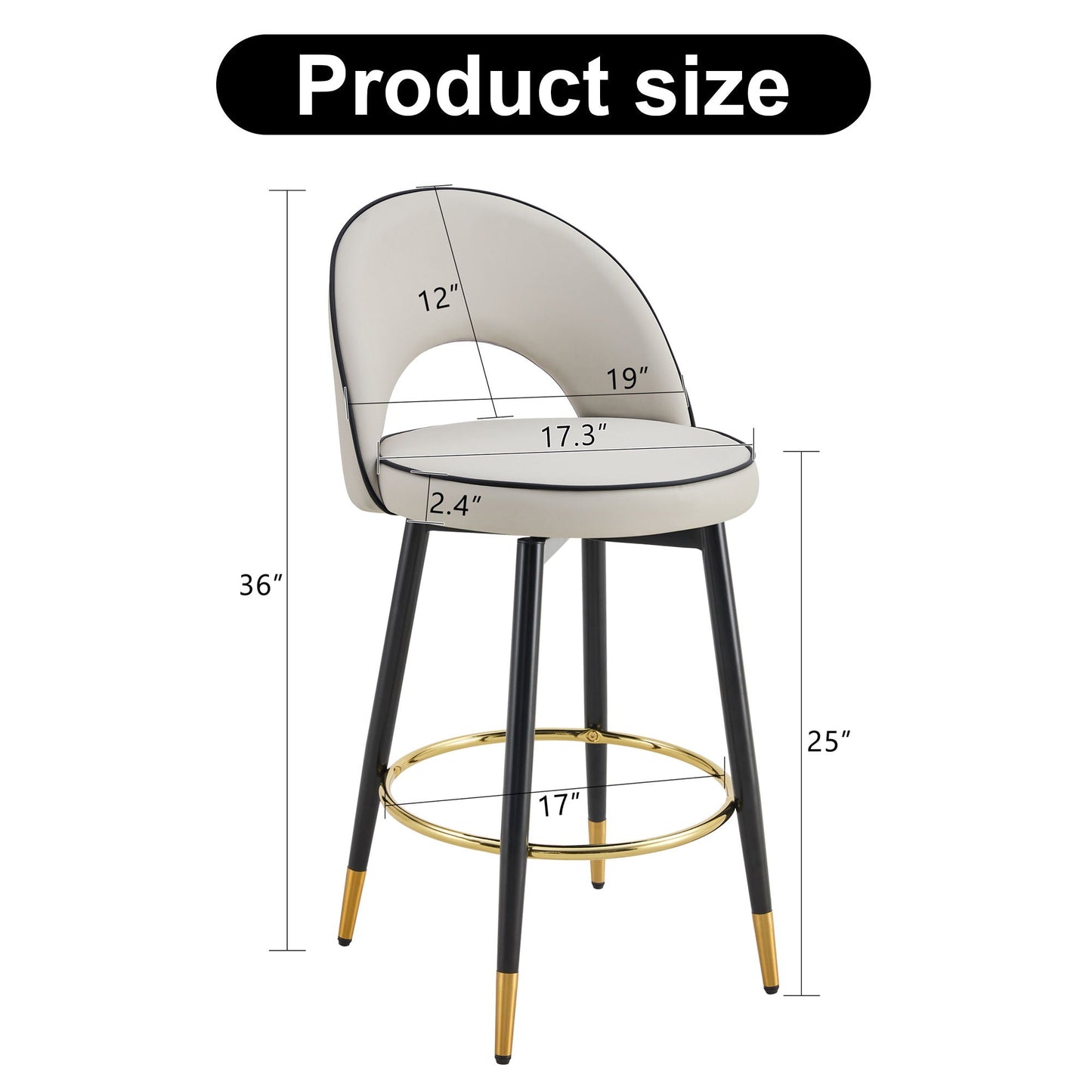 Bar chair set of 2, beige upholstered with black metal legs and gold foot ring, 360° rotatable HouseOfZazla on Tampa Home & Garden Store