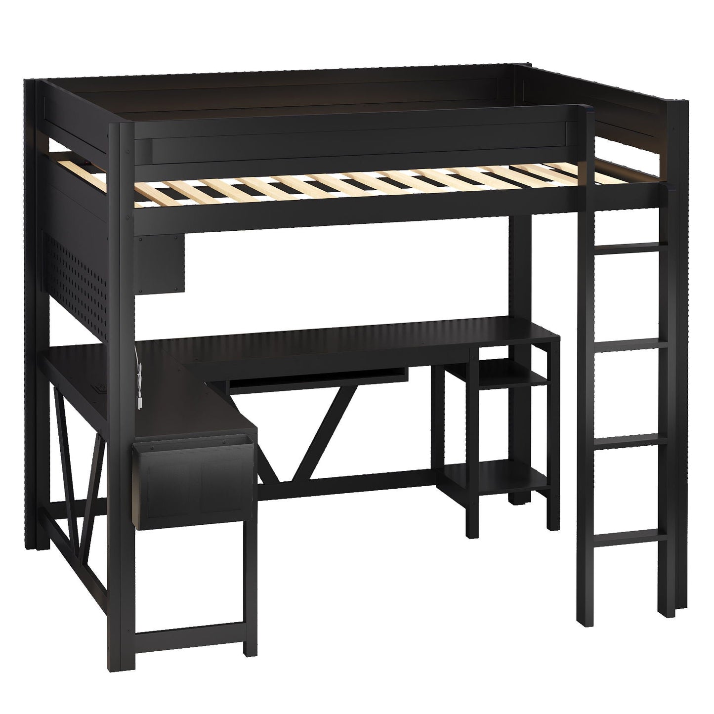 Gaming loft bed with desk, black finish, LED and charging station by HouseOfZazla on Tampa Home & Garden Store