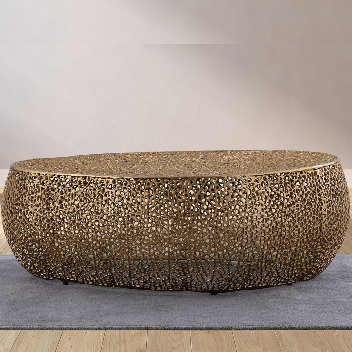 Oval coffee table with durable aluminum frame in gold-tone perforated lattice HouseOfZazla on Tampa Home & Garden Store
