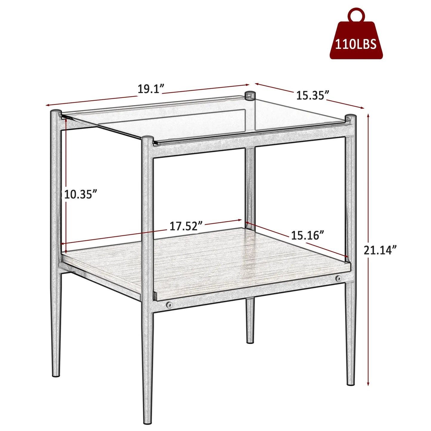 Modern End Table Set of 2 With Tempered Glass