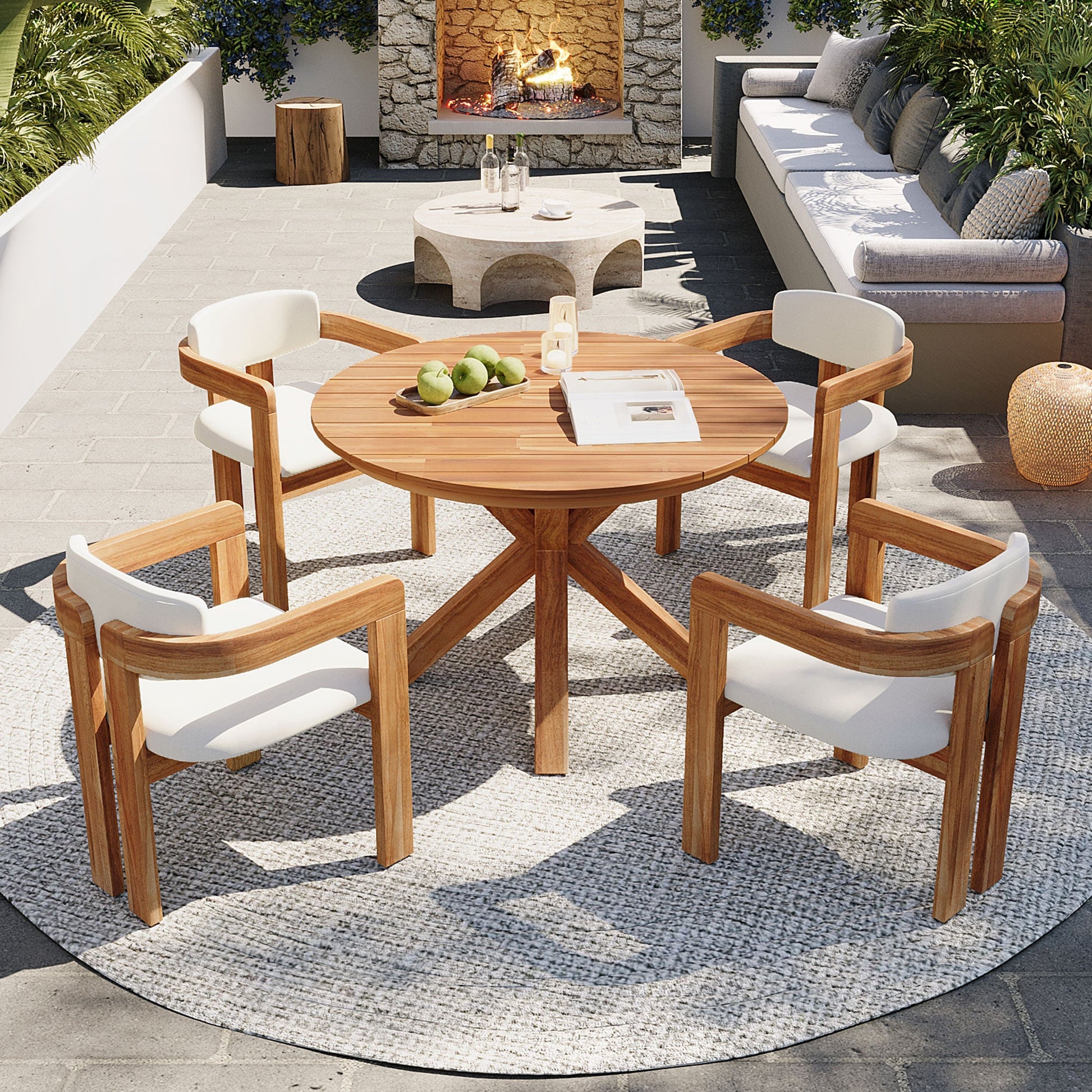 5-Piece Outdoor Acacia Wood Round Dining Set with four cushioned chairs on a patio on Tampa Home & Garden Store