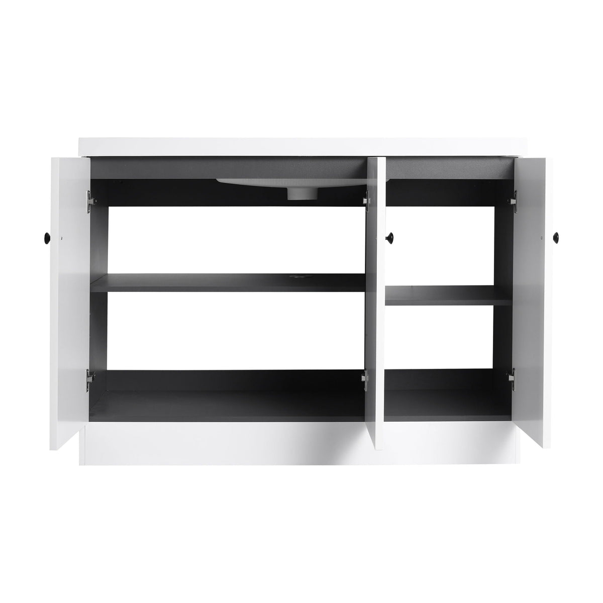 Freestanding bath vanity with resin sink and door, white top over black frame, HouseOfZazla on Tampa Home & Garden Store
