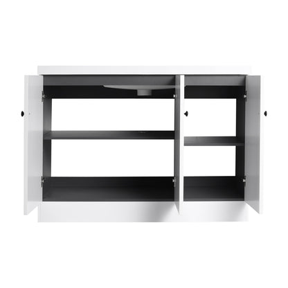 Freestanding bath vanity with resin sink and door, white top over black frame, HouseOfZazla on Tampa Home & Garden Store