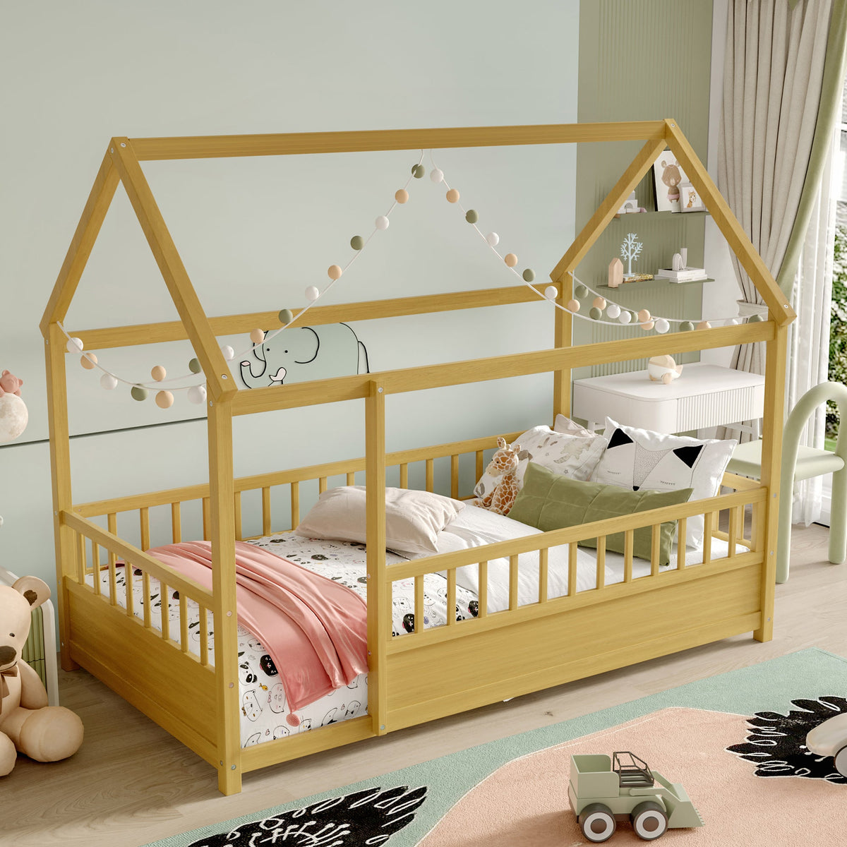 Twin size pine wood floor bed with house roof frame in natural finish by HouseOfZazla on Tampa Home & Garden Store