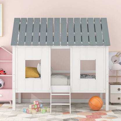 Twin Size Low Loft House Bed with Roof Windows