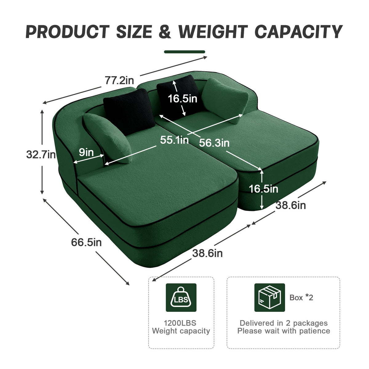 77.2in Teddy Fabric Modular Sofa by HouseOfZazla in green plush fabric with black cushions on Tampa Home & Garden Store