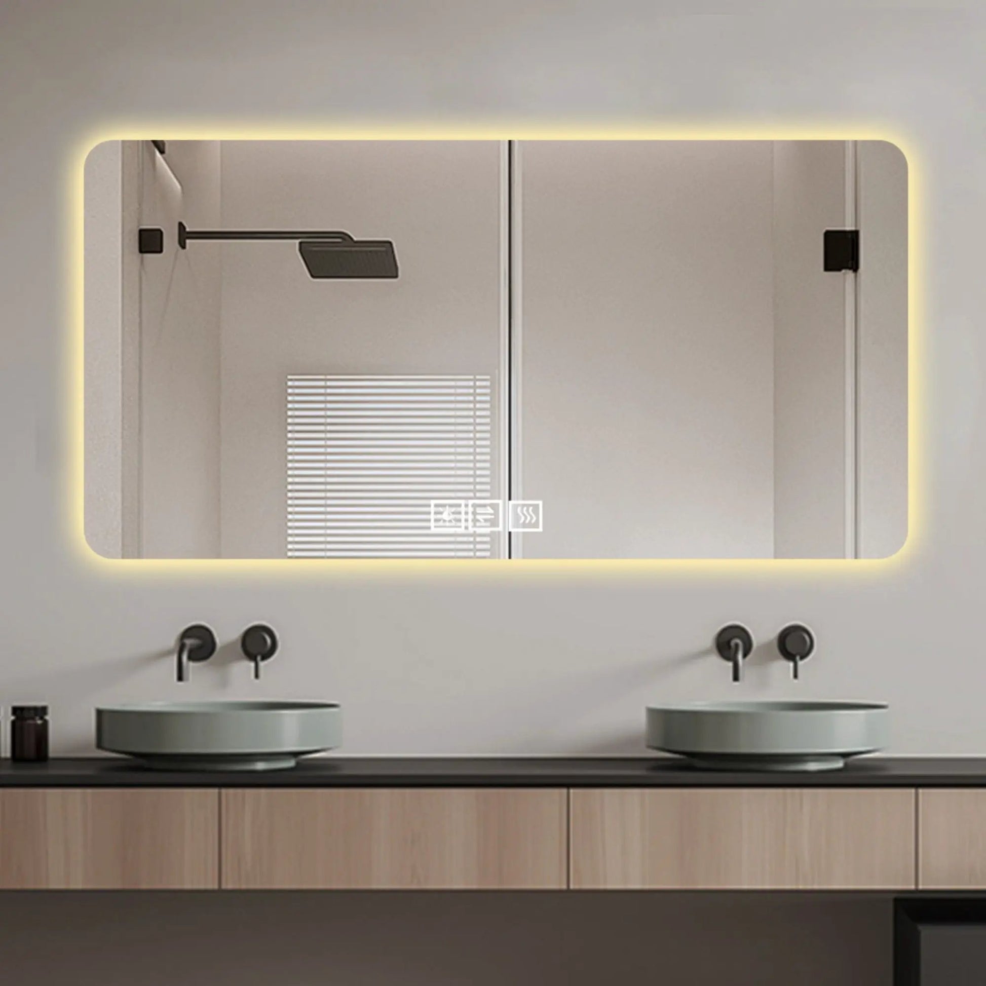 LED Bathroom Mirror With 3-Color Backlight, rounded rectangular mirror with warm edge glow on Tampa Home & Garden Store