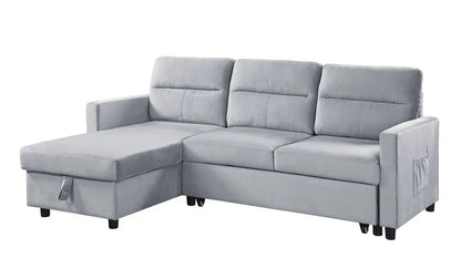 Ruby reversible sleeper sectional sofa with storage chaise and side pocket in light gray on Tampa Home & Garden Store