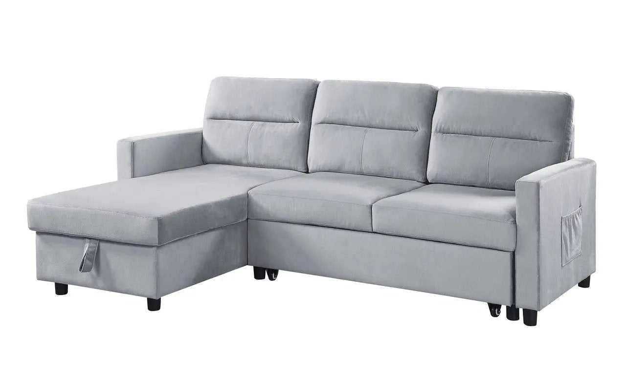 Ivy reversible sleeper sectional sofa in gray fabric with storage chaise and side pocket on Tampa Home & Garden Store