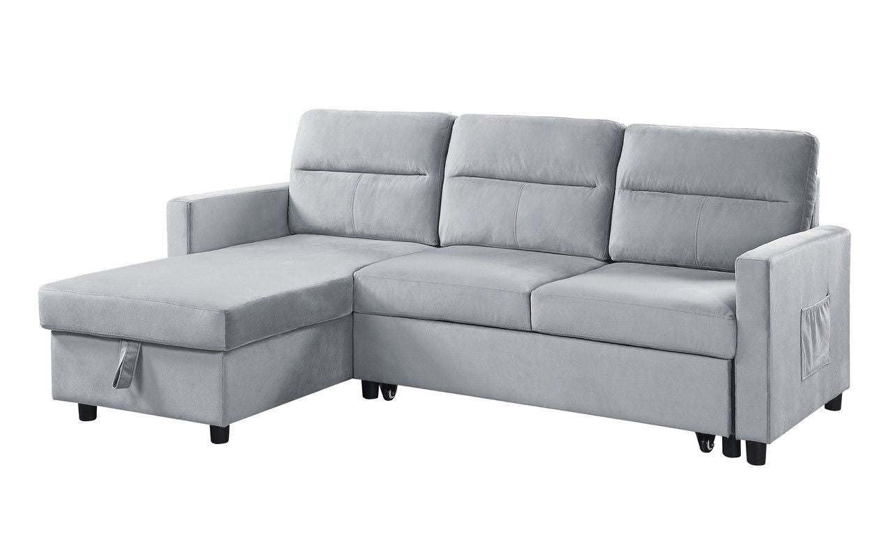 Ruby reversible sleeper sectional sofa with storage chaise and side pocket in light gray on Tampa Home & Garden Store